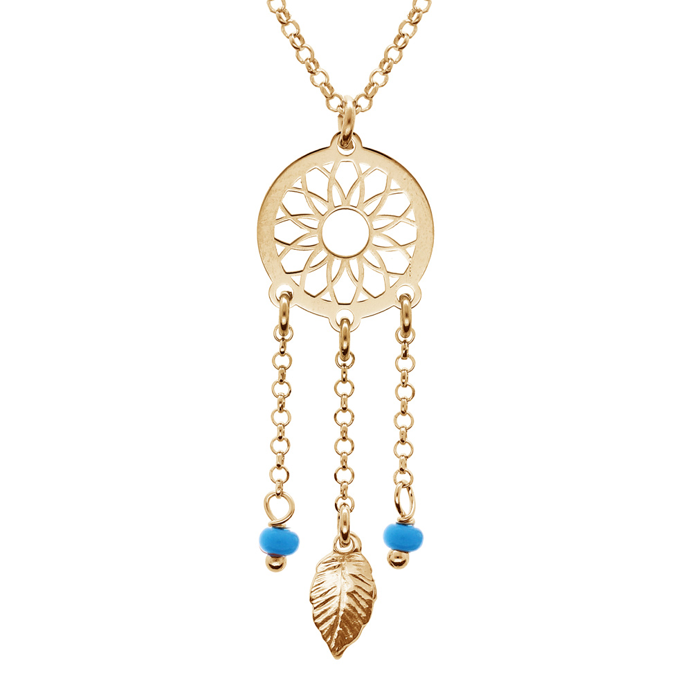 Collier en argent et dorure jaune cha�ne avec pendentif attrape r�ve et perles bleu ciel 38+5cm - Vue 1