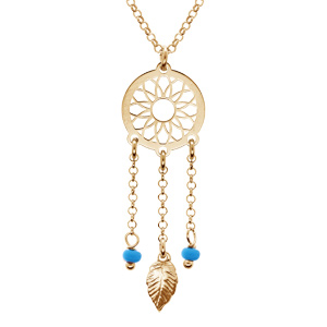 Collier en argent et dorure jaune chane avec pendentif attrape rve et perles bleu ciel 38+5cm - Vue 1