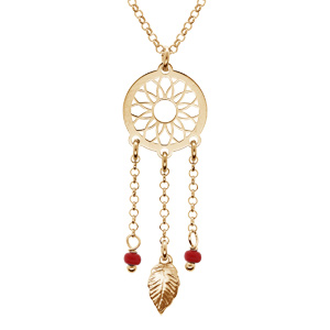 Collier en argent et dorure jaune chane avec pendentif attrape rve et perles rouge 38+5cm - Vue 1