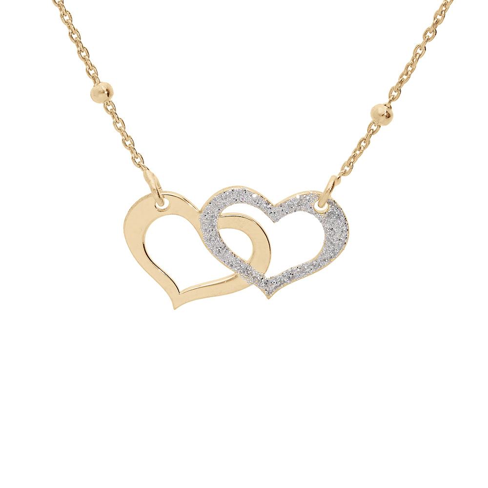 Collier en argent et dorure jaune cha�ne avec pendentif double coeur 1 lisse et 1 granit� cha�ne avec boules 40+5cm - Vue 1