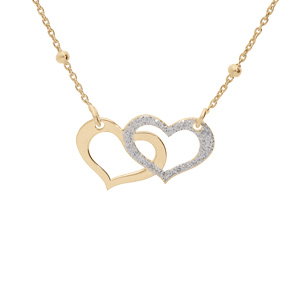 Collier en argent et dorure jaune chane avec pendentif double coeur 1 lisse et 1 granit chane avec boules 40+5cm - Vue 1