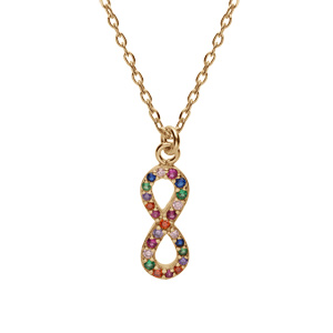 Collier en argent et dorure jaune chaîne avec pendentif infini empierrés et pampilles boules multi couleurs et 40+5cm - Vue 1