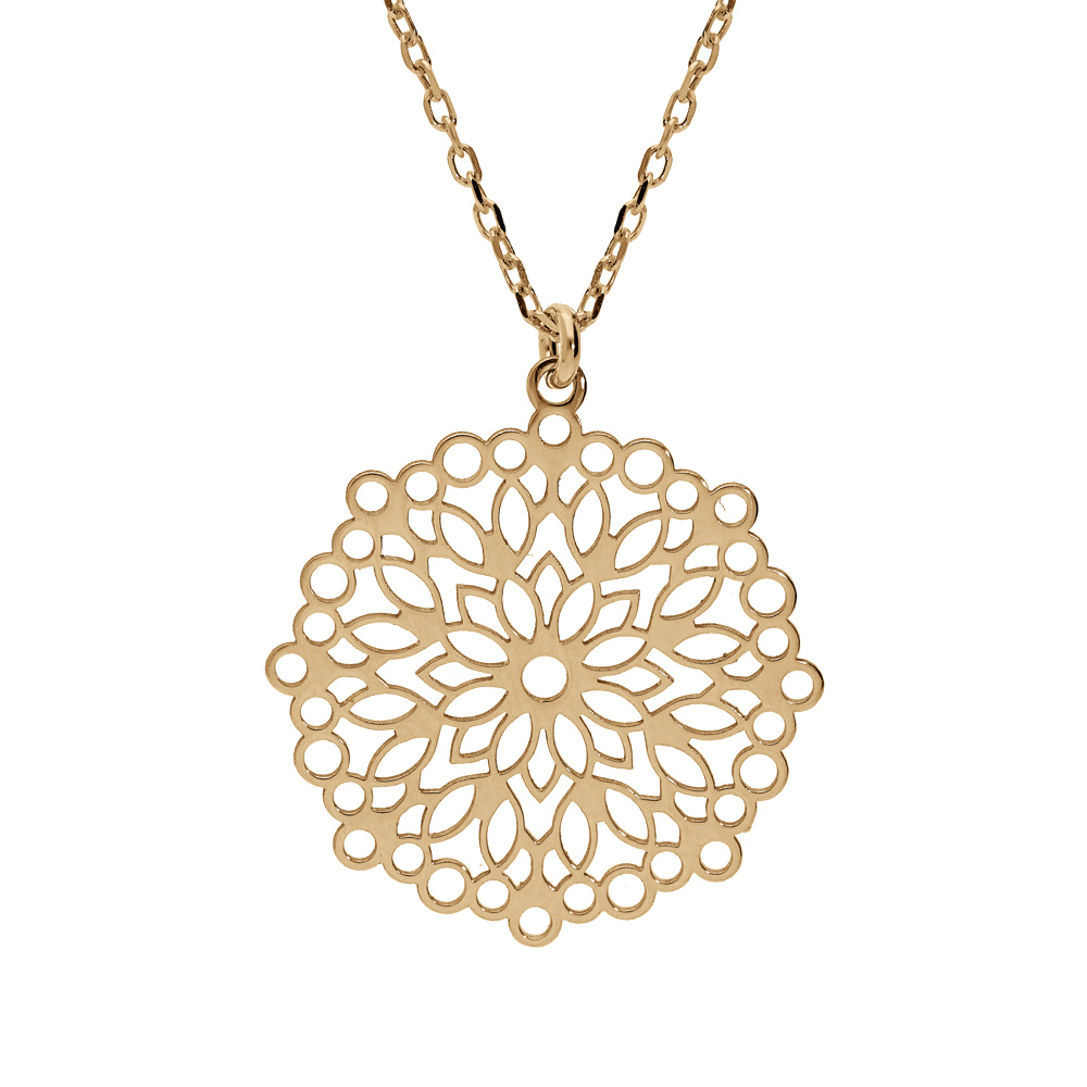 Collier en argent et dorure jaune cha�ne avec pendentif mandala ajour� 23mm 40+5cm - Vue 1