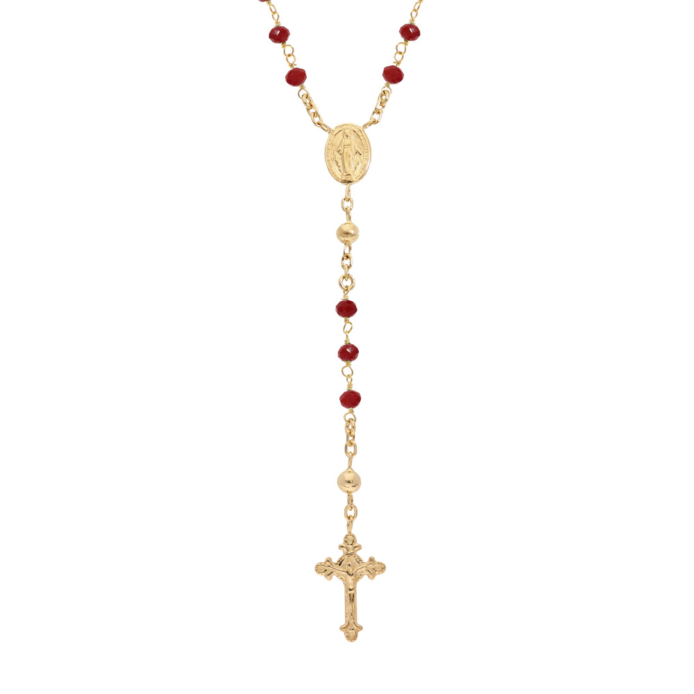 Collier en argent et dorure jaune chapelet avec perles en verre facette grenat 50+5cm - Vue 1
