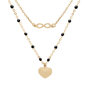 Collier en argent et dorure jaune double chane avec infini et coeur et perles noires 40+5cm - Vue 1