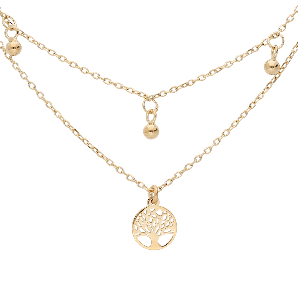 Collier en argent et dorure jaune double cha�ne avec pendentifs arbre de vie et 3 boules 40+5cm - Vue 1