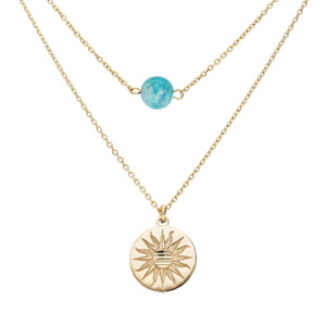 Collier en argent et dorure jaune double chaîne pastille soleil diamantée et Hemimorphite véritable 40+5cm - Vue 1