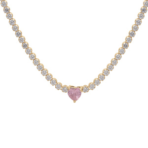 Collier en argent et dorure jaune rivire d\'oxydes blancs et coeur oxyde rose au centre 40+4cm - Vue 1