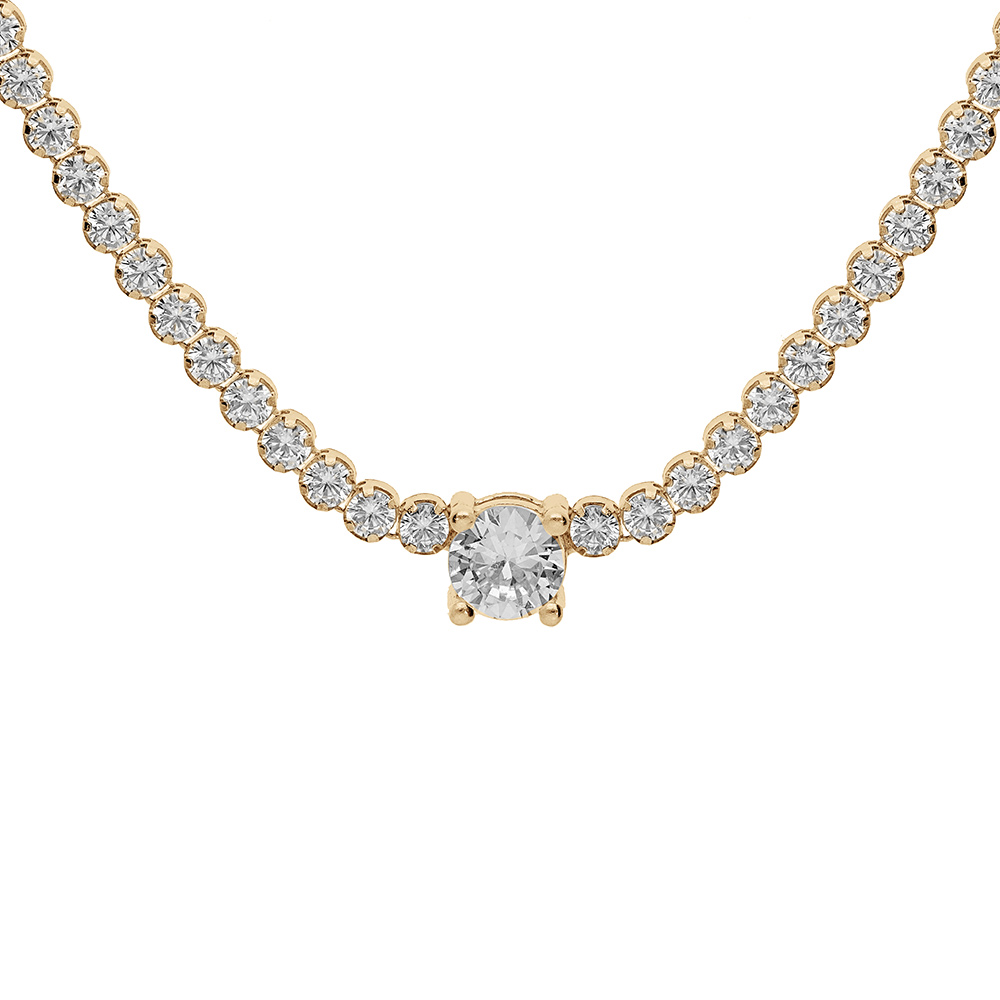 Collier en argent et dorure jaune rivi�re d\'oxydes blancs sertis et gros oxyde blanc au centre 40+4cm - Vue 1