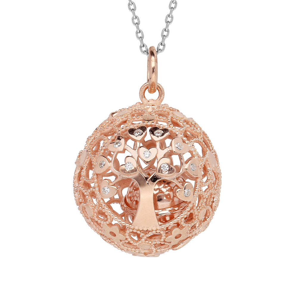 Collier en argent et dorure rose bola de grossesse boule ajour�es arbre de vie 20mm longueur 90+20cm - Vue 1