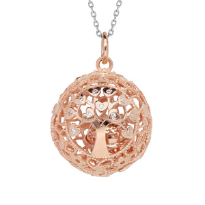 Collier en argent et dorure rose bola de grossesse boule ajour�es arbre de vie 20mm longueur 90+20cm