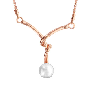 Collier en argent et dorure rose chaîne avec pendentif 2 fils entortillés avec 1 perle blanche synthétique au bout - longueur 40cm + 5cm de rallonge - Vue 1
