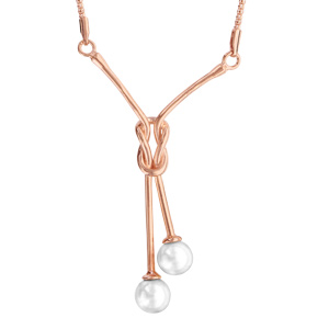 Collier en argent et dorure rose chaîne avec pendentif 2 fils reliés en noeud plat avec 1 perle blanche synthétique à chaque extrémité - longueur 40cm + 5cm de rallonge - Vue 1