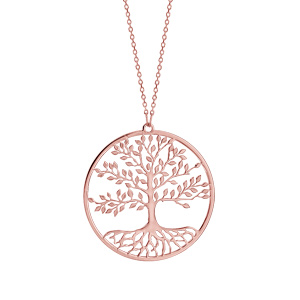 Collier en argent et dorure rose chaîne avec pendentif rond et arbre de vie de vie découpé à l\'intérieur - longueur 42cm + 3cm de rallonge - Vue 1