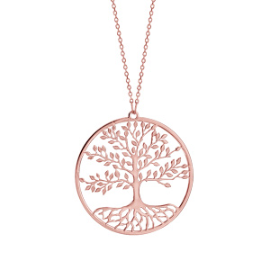 Collier en argent et dorure rose chane avec pendentif rond et arbre de vie de vie dcoup  l\'intrieur - longueur 42cm + 3cm de rallonge - Vue 1