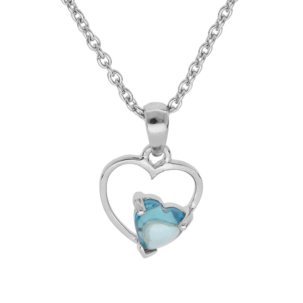 Collier en argent platin� cha�ne avec pendentif coeur avec 1 oxyde bleu ciel serti 42+3cm - Vue 1