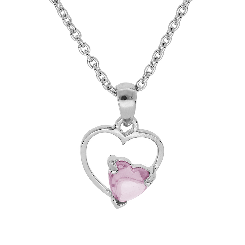 Collier en argent platin� cha�ne avec pendentif coeur avec 1 oxyde rose serti 42+3cm - Vue 1