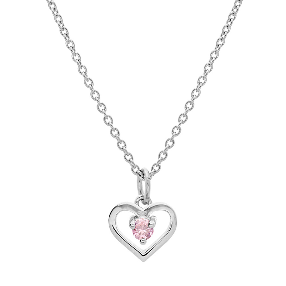 Collier en argent platin� cha�ne avec pendentif coeur et oxyde rose 35+5cm - Vue 1