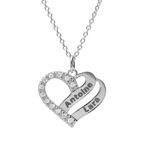 Collier en argent platin chane avec pendentif coeur prnom  graver avec oxydes blancs sertis 42+3cm - Vue 1