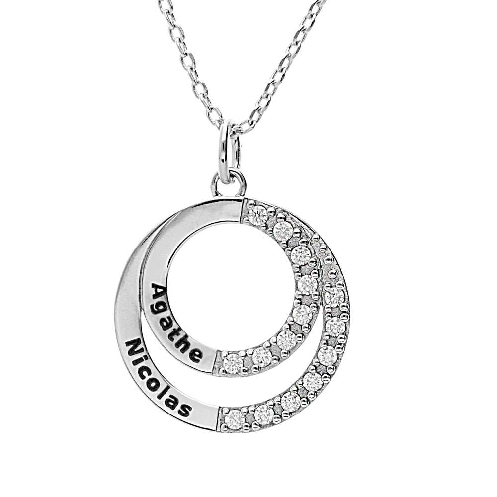 Collier en argent platin� cha�ne avec pendentif double cercle pr�nom � graver et oxydes blancs sertis 42+3cm - Vue 1