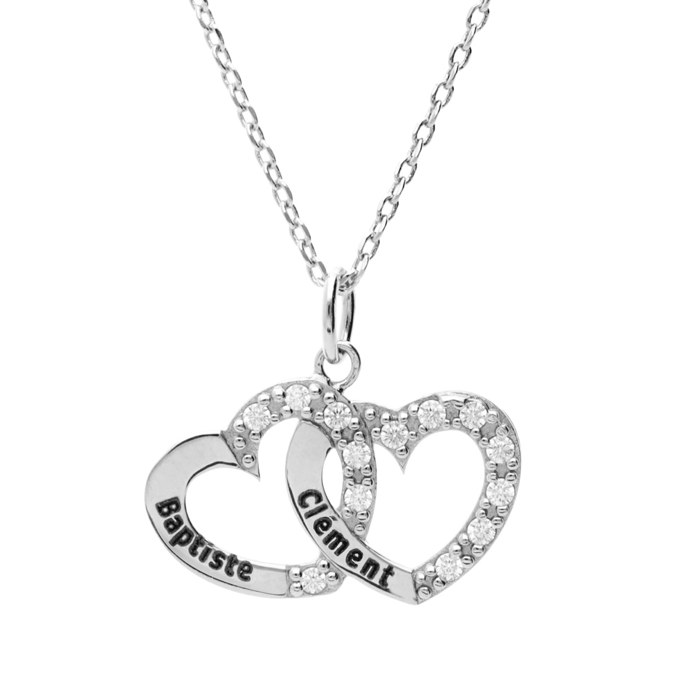 Collier en argent platin� cha�ne avec pendentif double coeur pr�nom � graver avec oxydes blancs sertis 42+3cm - Vue 1