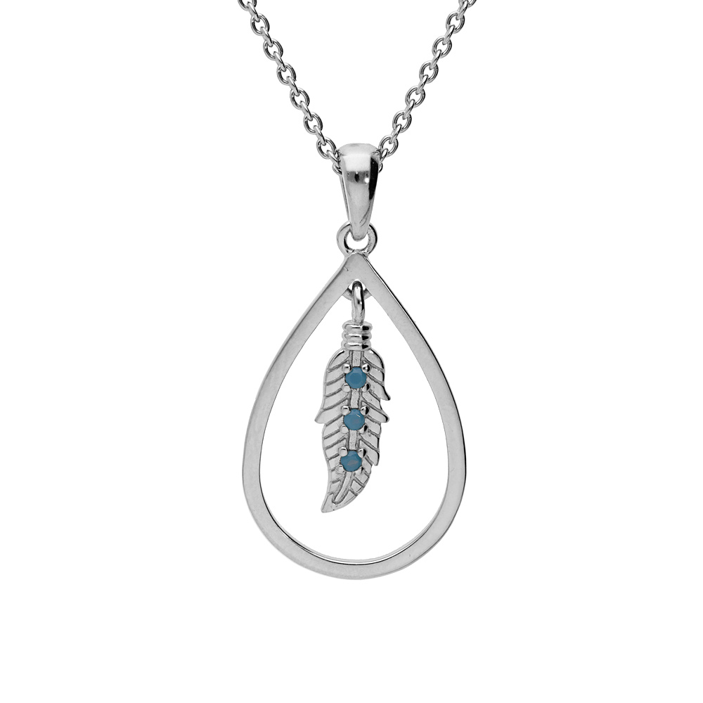 Collier en argent platin� cha�ne avec pendentif goutte �vid�e et plume avec oxyde bleu 42+3cm - Vue 1