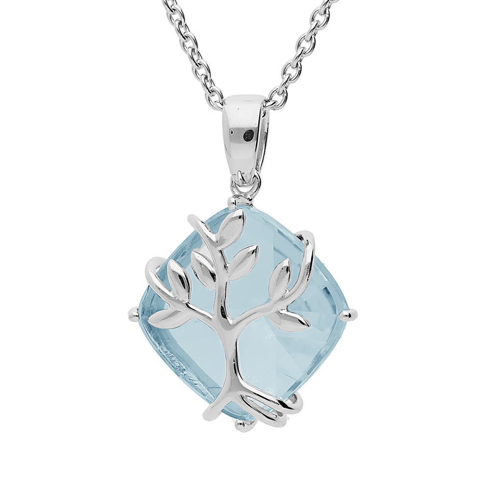 Collier en argent platin� cha�ne avec pendentif oxyde bleu ciel motif arbre de vie 42+3cm - Vue 1