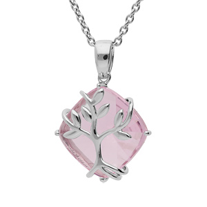 Collier en argent platin chane avec pendentif oxyde rose motif arbre de vie 42+3cm - Vue 1