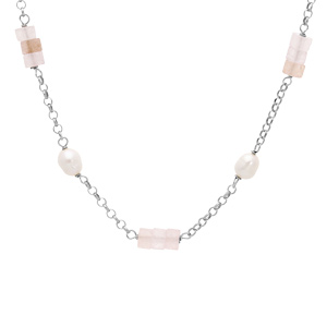 Collier en argent platin chane avec rondelles de Quartz rose vritable et Perles de Culture d\'eau douce 40+5cm - Vue 1