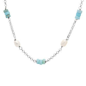 Collier en argent platin chane avec rondelles Turquoise africaine vritable et Perles de Culture d\'eau douce 42+3cm - Vue 1