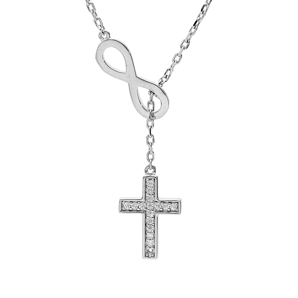 Collier en argent platin� infini et croix oxydes blancs sertis 41+3cm - Vue 1