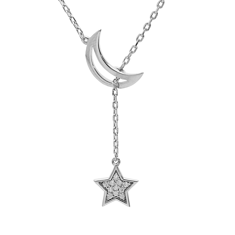 Collier en argent platin� lune �vid�e et pampille �toile oxydes blancs sertis 41+3cm - Vue 1