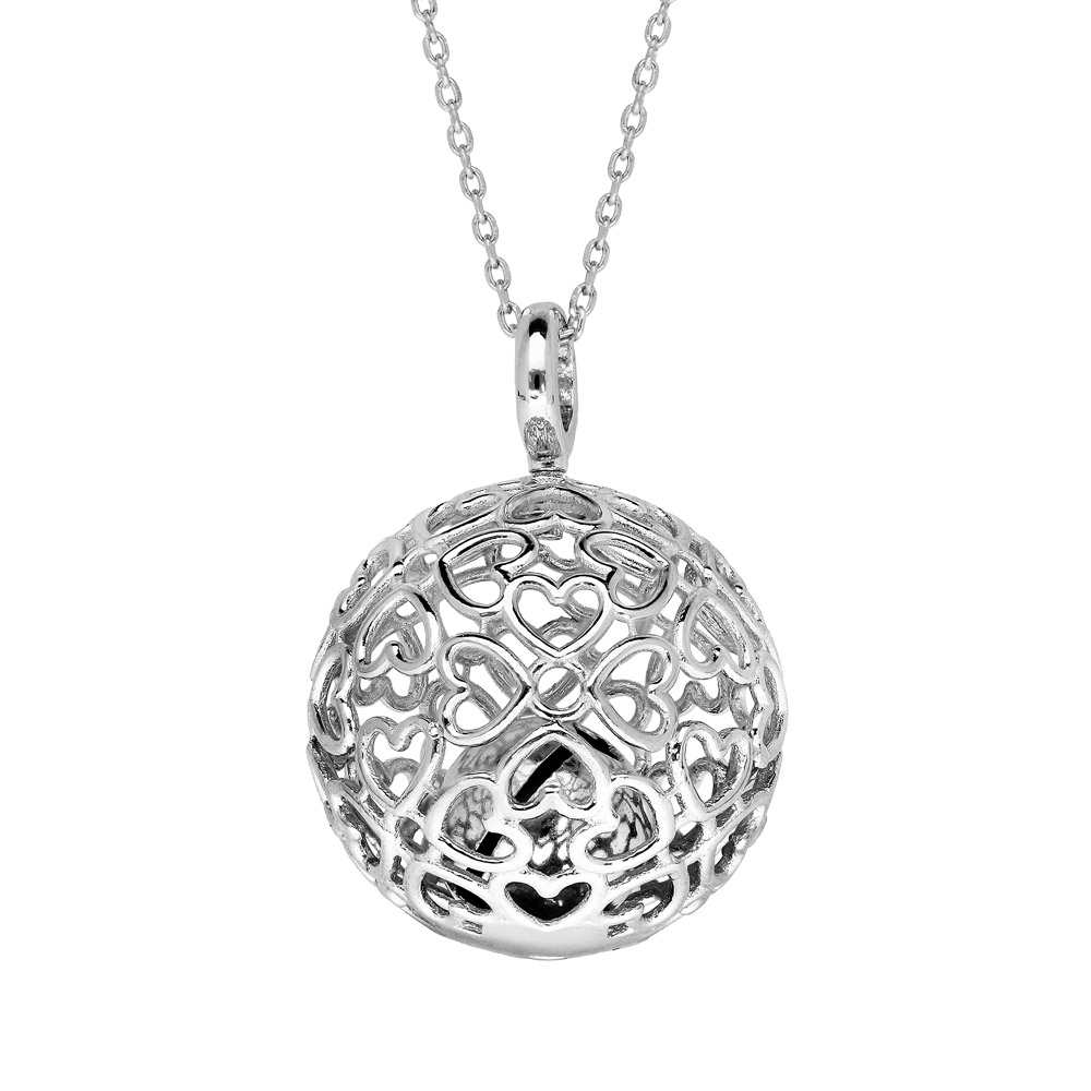 Collier en argent rhodi� avec bola de grossesse motifs c�urs ajour�s 13mm longueur 90+20cm - Vue 1