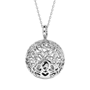 Collier en argent rhodi� avec bola de grossesse motifs c�urs ajour�s 13mm longueur 90+20cm