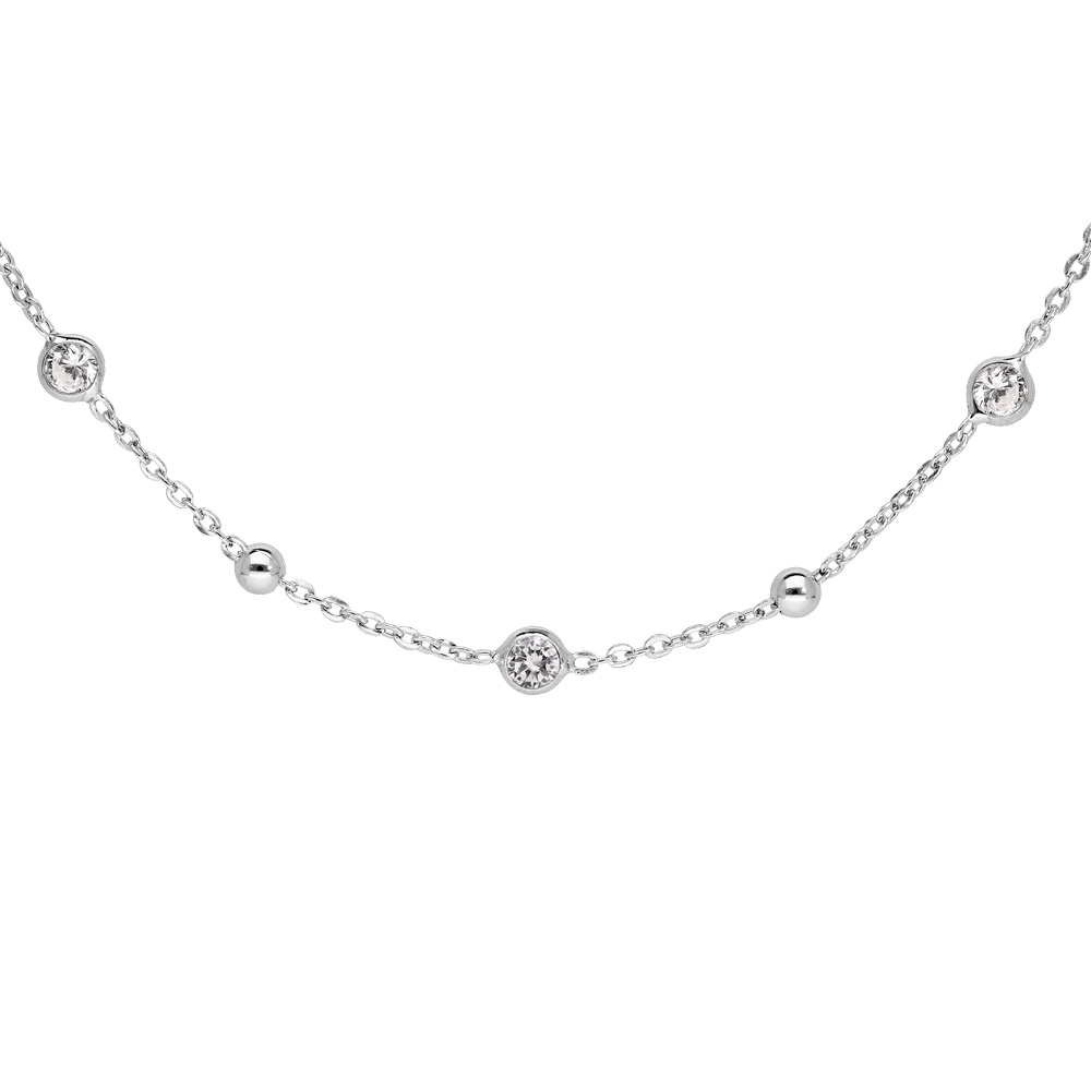 Collier en argent rhodi� avec boules en oxydes blancs 42+3cm - Vue 1