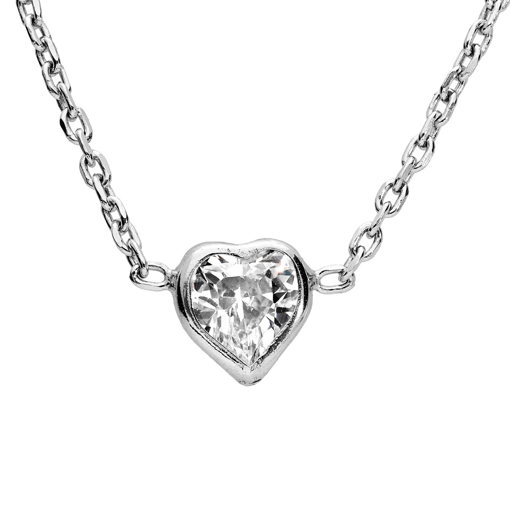 Collier en argent rhodi� avec coeur oxyde blancs sertis 37+3cm - Vue 1