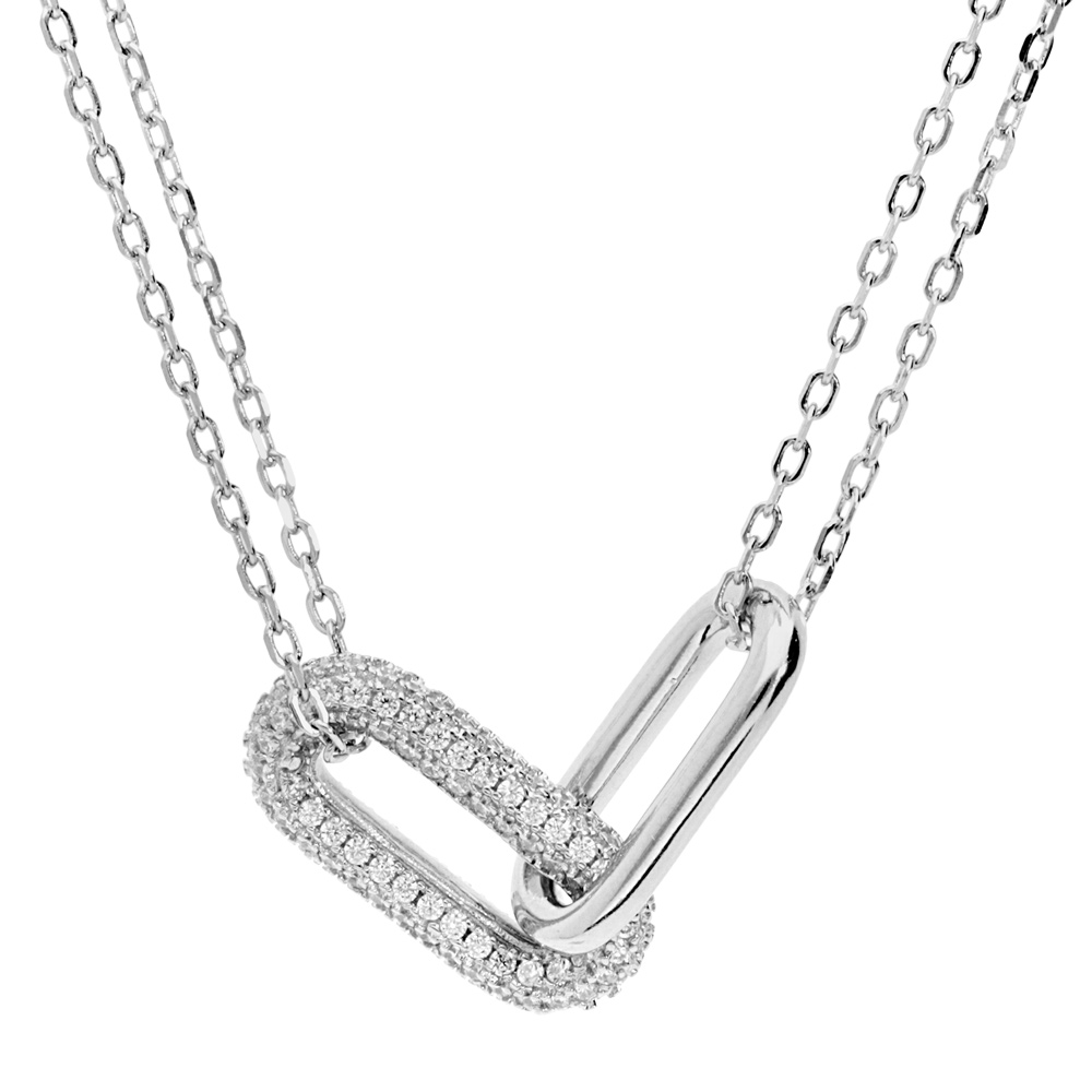 Collier en argent rhodi� avec deux �l�ments forme rectangle dont un pav� d\'oxydes blancs sertis 40+5cm - Vue 1