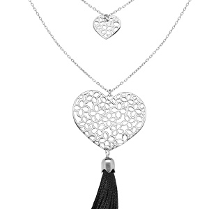 Collier en argent rhodié avec double chaîne Pendentif coeur ajouré avec pompon noir 42+3cm - Vue 1
