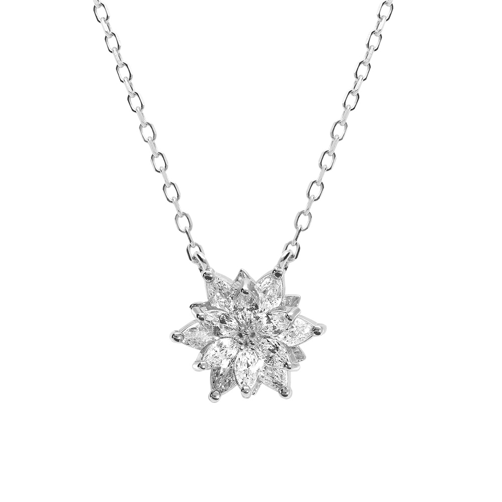 Collier en argent rhodi� avec fleur 10mm d\'oxydes blancs sertis - 40+5cm - Vue 1