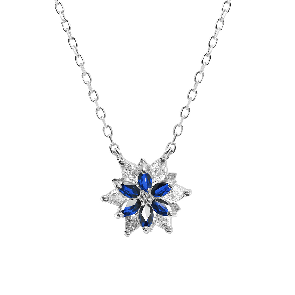Collier en argent rhodi� avec fleur d\'oxydes blancs et bleus sertis - 40+5cm - Vue 1