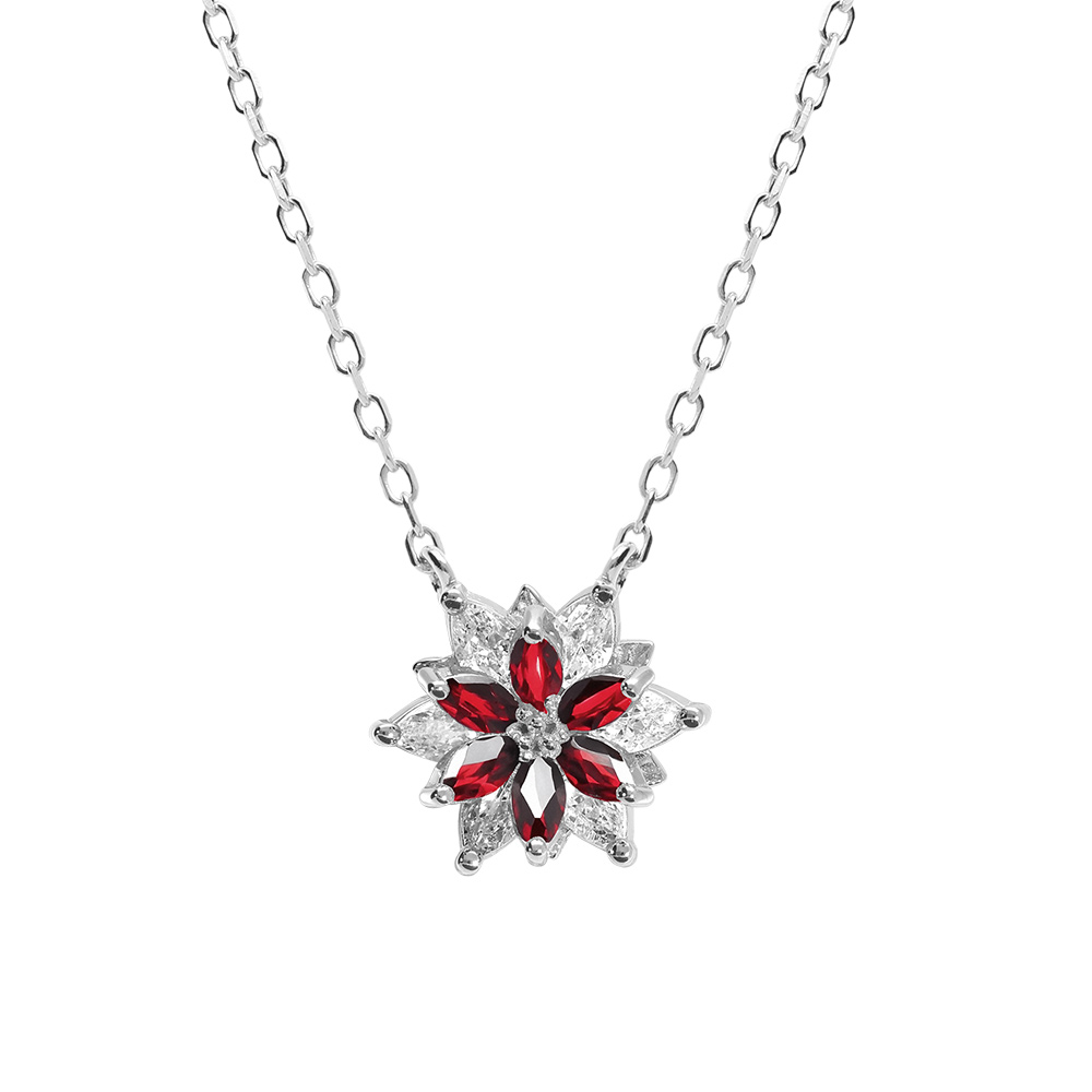 Collier en argent rhodi�  avec fleur d\'oxydes blancs et rouges sertis - 40+5cm - Vue 1