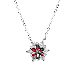 Collier en argent rhodi�  avec fleur d'oxydes blancs et rouges sertis - 40+5cm