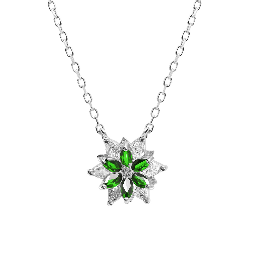 Collier en argent rhodi� avec fleur d\'oxydes blancs et verts sertis - 40+5cm - Vue 1