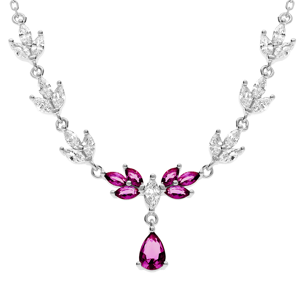 Collier en argent rhodi� avec oxydes rouge et blanc - 42+3cm - Vue 1