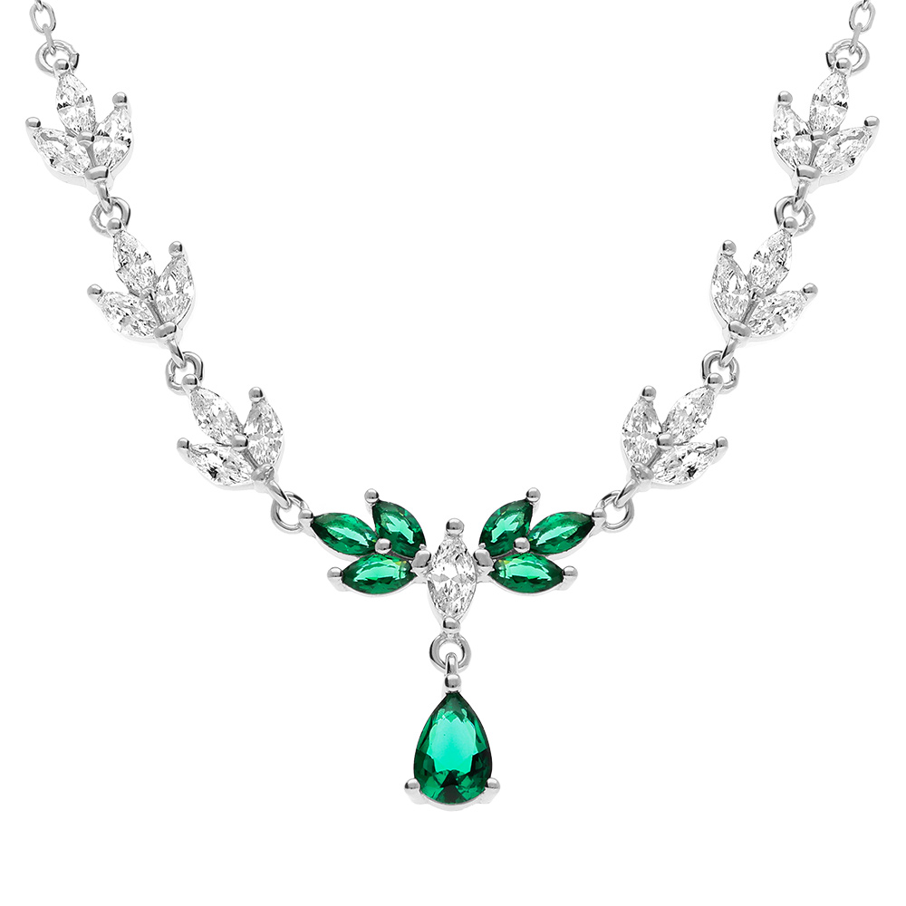 Collier en argent rhodi� avec oxydes vert et blanc - 42+3cm - Vue 1
