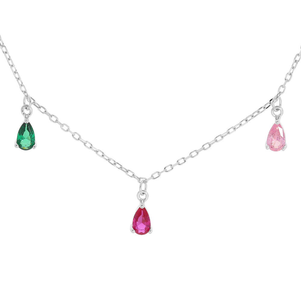 Collier en argent rhodi� avec 7 pampilles oxydes multicouleurs sertis 42+2cm - Vue 1