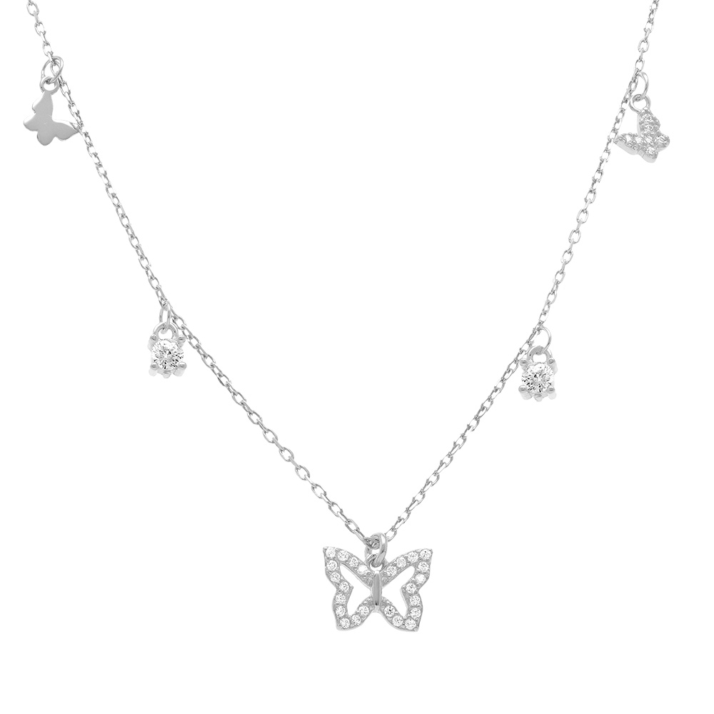 Collier en argent rhodi� avec pampilles papillons et oxydes blancs sertis - 40+5cm - Vue 1