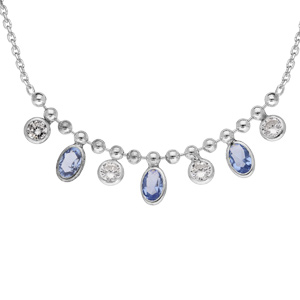 Collier en argent rhodié avec pampilles pierre ovale bleues et ronds d\'oxydes blancs 41+3cm - Vue 1