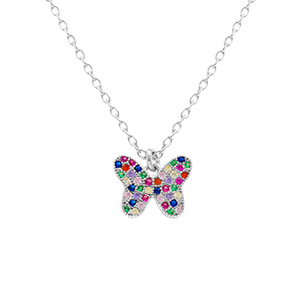 Collier en argent rhodi� avec papillon orn� d'oxydes multi couleurs sertis - 40+5cm