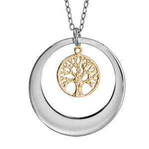 Collier en argent rhodié avec Pendentif anneau ajouré et arbre de vie en dorure jaune 40+5cm à graver 1 ou 2 prénoms - Vue 1